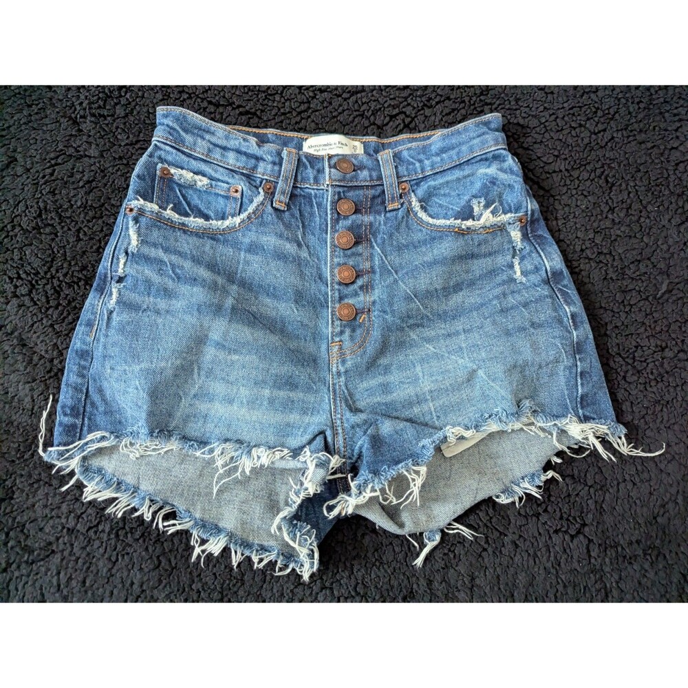 Abercrombie & Fitch High Rise Mom Short Distressed Raw Hem Medium Wash Sz 2 /26
